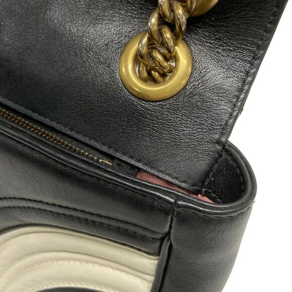 Auth GUCCI GG Marmont Quilting Small Shoulder Bag 443497 Black White Leather - Picture 13 of 16